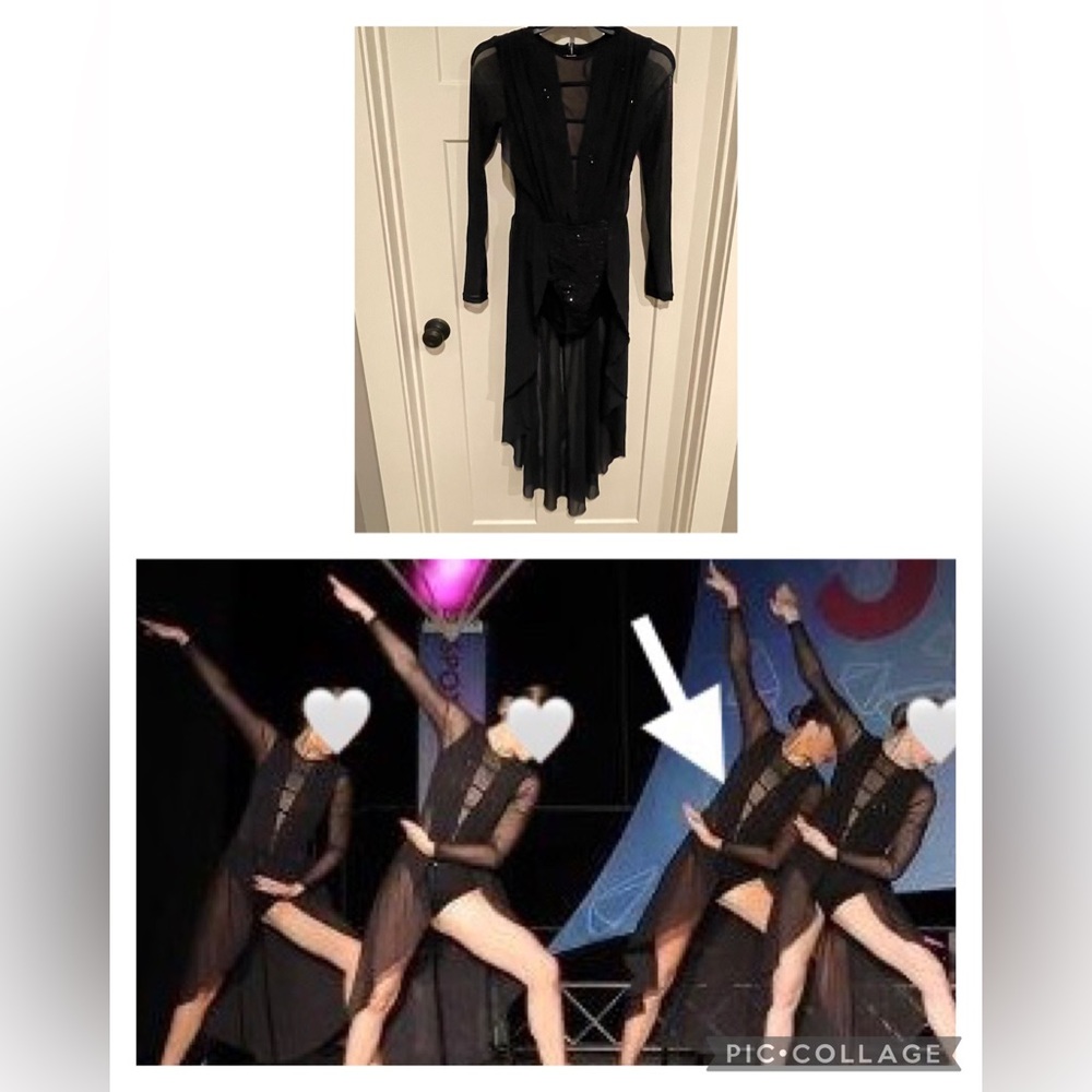 Black sequin lyrical costume with long skirt, size Small Adult made by Weissman.